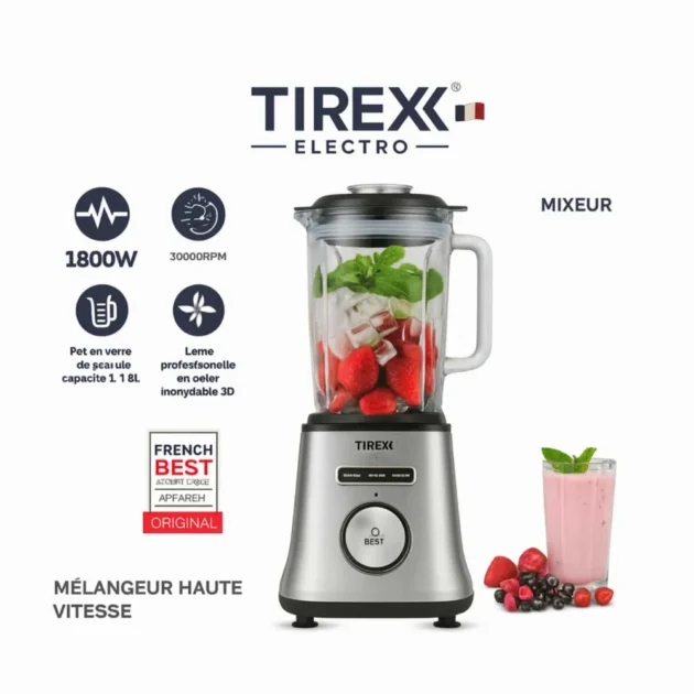 Blender TIREXX ELECTRO Haute Vitesse 1800W ,Inox | Bol Verre 1.8L ,RPM 30000