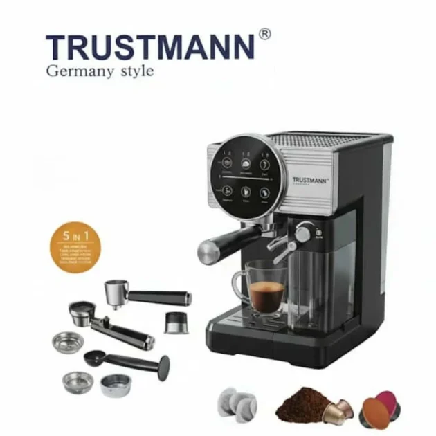 Caractéristique  Nom du Produit Machine à Café Expresso Modèle TM-CM-002 Marque TRUSTMANN (Style Allemand)  Puissance Électrique 1350(Watts)  Pression de la Pompe 20 (Bars)  Capacité du Réservoir d’Eau 1.8(Litres)  Fonctionnalité Clé Système 5 en1 (Compatible avec café moulu et différentes capsules)  Accessoires Porte-filtre, divers filtres, tasseur (Tamper), et cuillère doseuse.  Distinctions Lauréat du Prix International de la Qualité