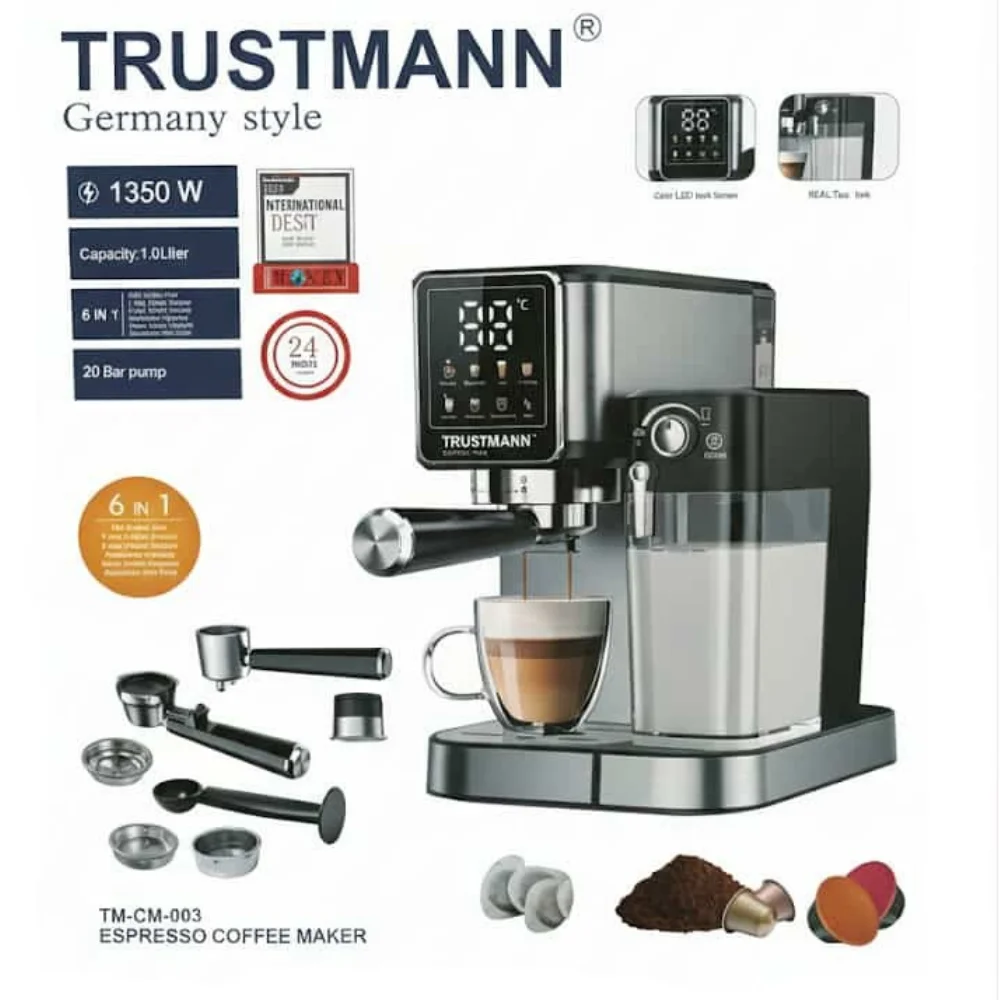 TRUSTMANN Machine à Café Espresso 6-en-1 | 20 Bar, 1350W | Multi-capsules et Grains | Style Allemand TM-CM-003